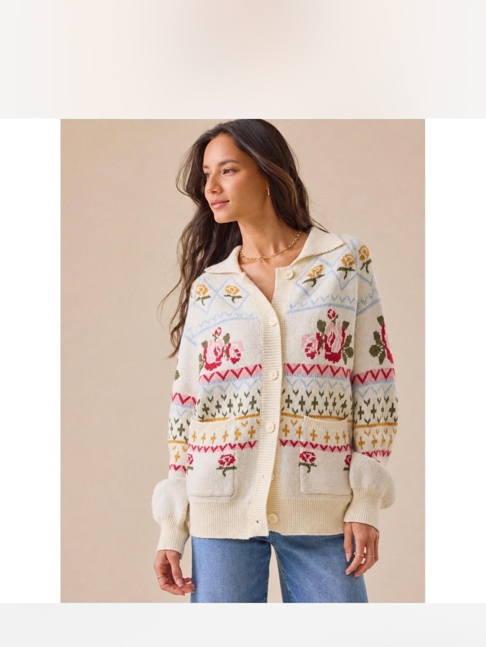 Altar'd State Sofia Rose Cream Floral Knit Button-Up Cardigan Floral XS